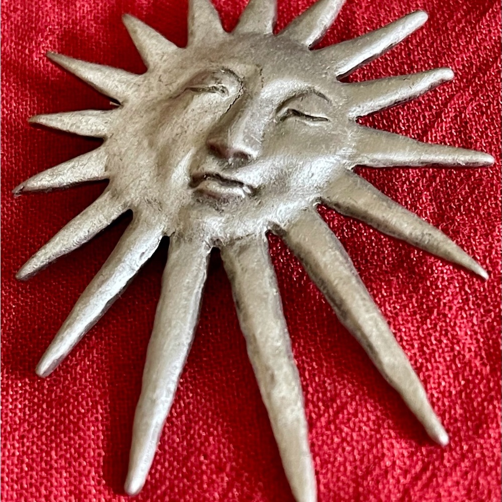 Smiling Sun brooch handcrafted brushed metal JJ Jonette